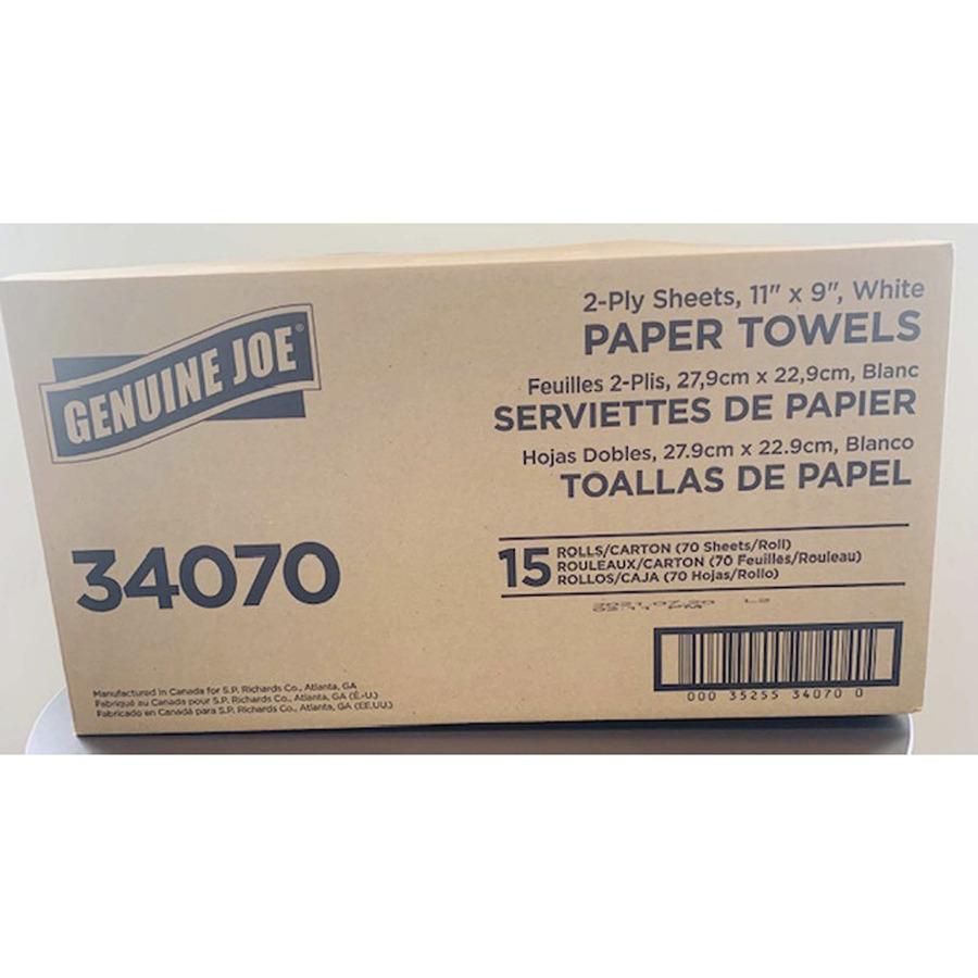 Genuine Joe 2-ply Paper Towel Rolls - 2 Ply - 9" x 11" - 70 Sheets/Roll - White - Paper - 15 / Carton. Picture 6