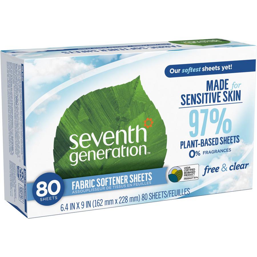 Seventh Generation Free & Clear Fabric Softener Sheets - 9" Length x 6.40" Width - 80 / Box - Bio-based, Hypoallergenic, Fragrance-free, Unscented, Dye-free, Gluten-free, Phosphate-free - White. Picture 3