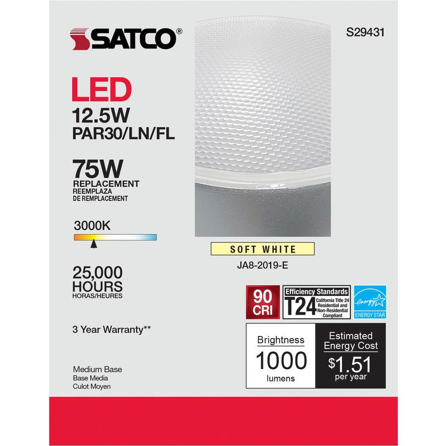Satco PAR 30 LN LED Bulb - 12.50 W - 75 W Incandescent Equivalent Wattage - 120 V AC - 1000 lm - Parabolic Reflector - PAR30LN Size - Clear - Warm White Light Color - E26 Base - 25000 Hour - 4940.3&de. Picture 8
