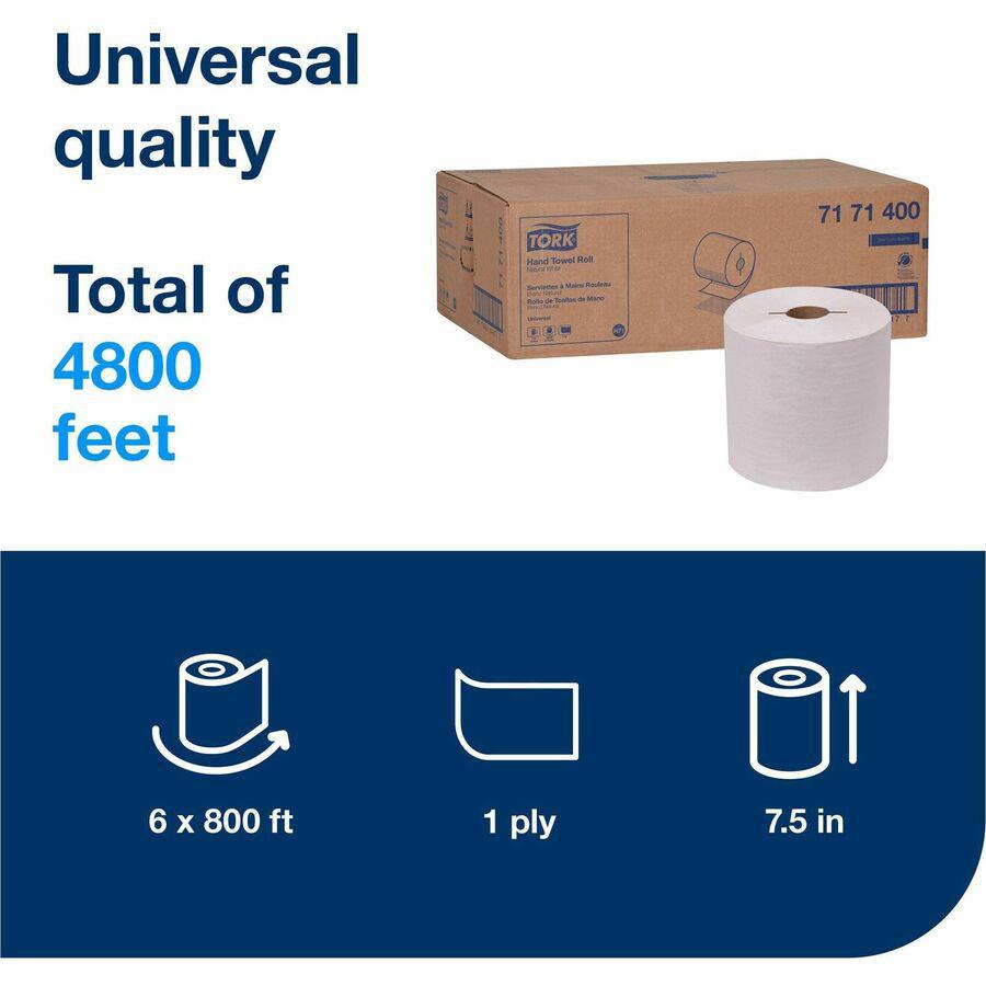 TORK Hand Towel Roll Natural White H71 - Tork Hand Towel Roll, Natural White, Universal, H71, Large, 100% Recycled, 1-Ply, White, 6 Rolls x 800 ft, 7171400. Picture 10