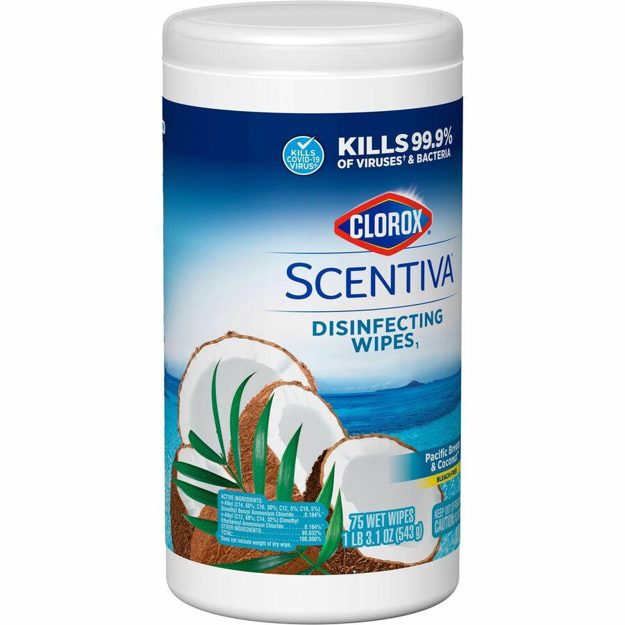 Clorox Scentiva Wipes, Bleach Free Cleaning Wipes - Ready-To-Use - Pacific Breeze & Coconut Scent - 75 / Canister - 1 Each - Bleach-free, Disinfectant, Deodorize - White. Picture 15