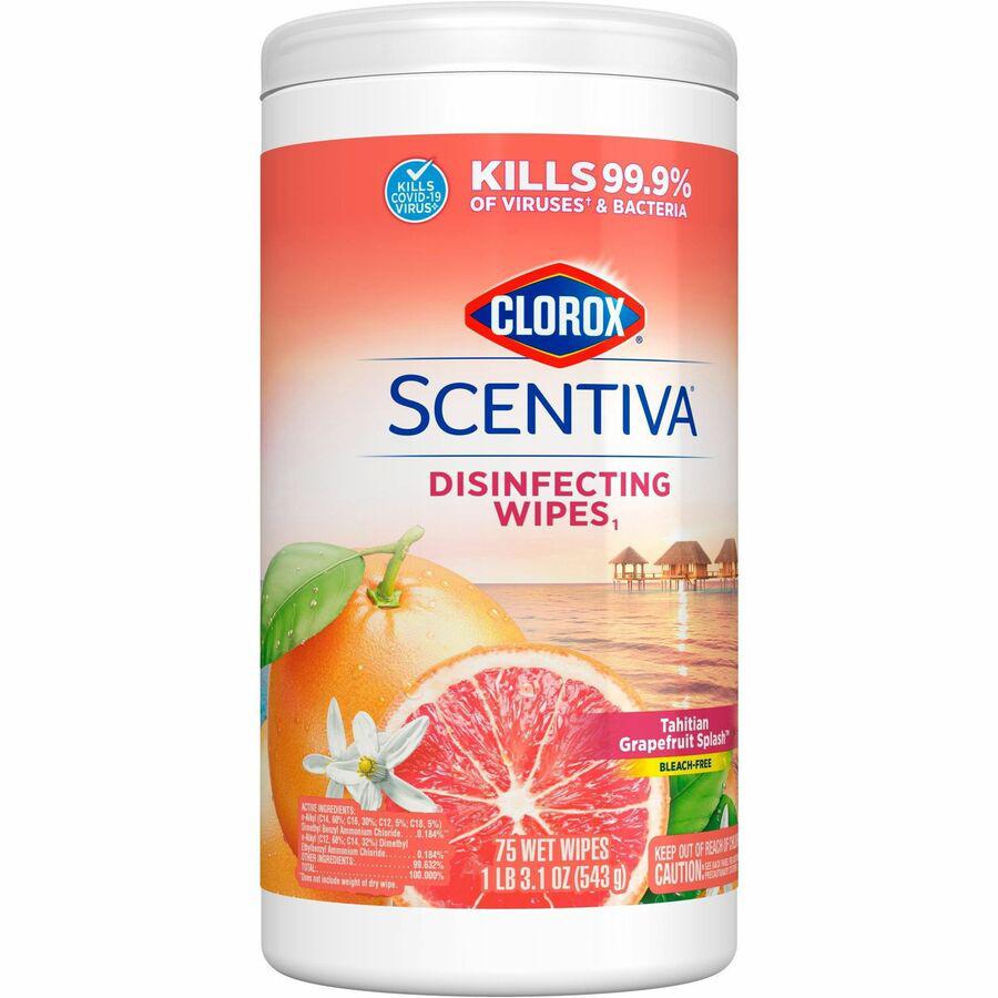 Clorox Scentiva Wipes, Bleach Free Cleaning Wipes - Ready-To-Use - Tahitian Grapefruit Splash Scent - 75 / Tub - 1 Each - Bleach-free, Disinfectant, Deodorize - White. Picture 13