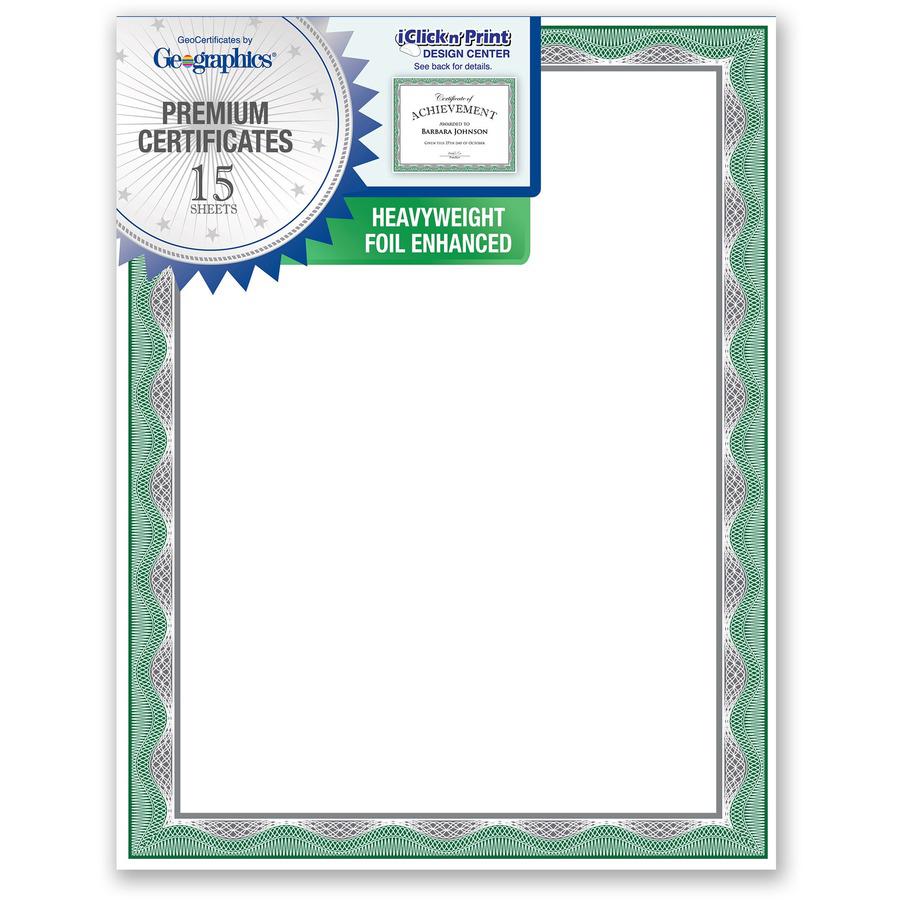 Geographics Silver Foil Award Certificates - 65 lb Basis Weight - 11" - Inkjet, Laser Compatible - Assorted, Green, Silver, White - Foil - 15 / Pack. Picture 4