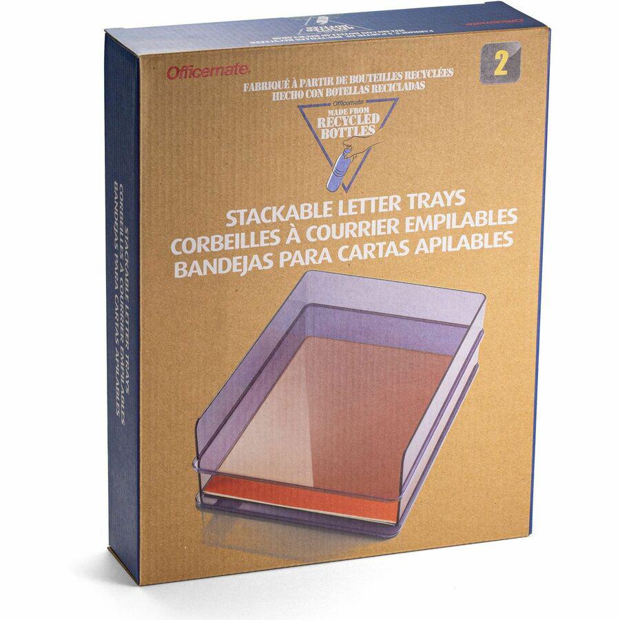 Officemate Stackable Letter Trays, Made from Recycled Bottles, 2PK - 2.8" Height x 12.8" Width x 10.2" DepthDesktop - Stackable - Translucent Gray - Plastic - 2 Pack. Picture 4