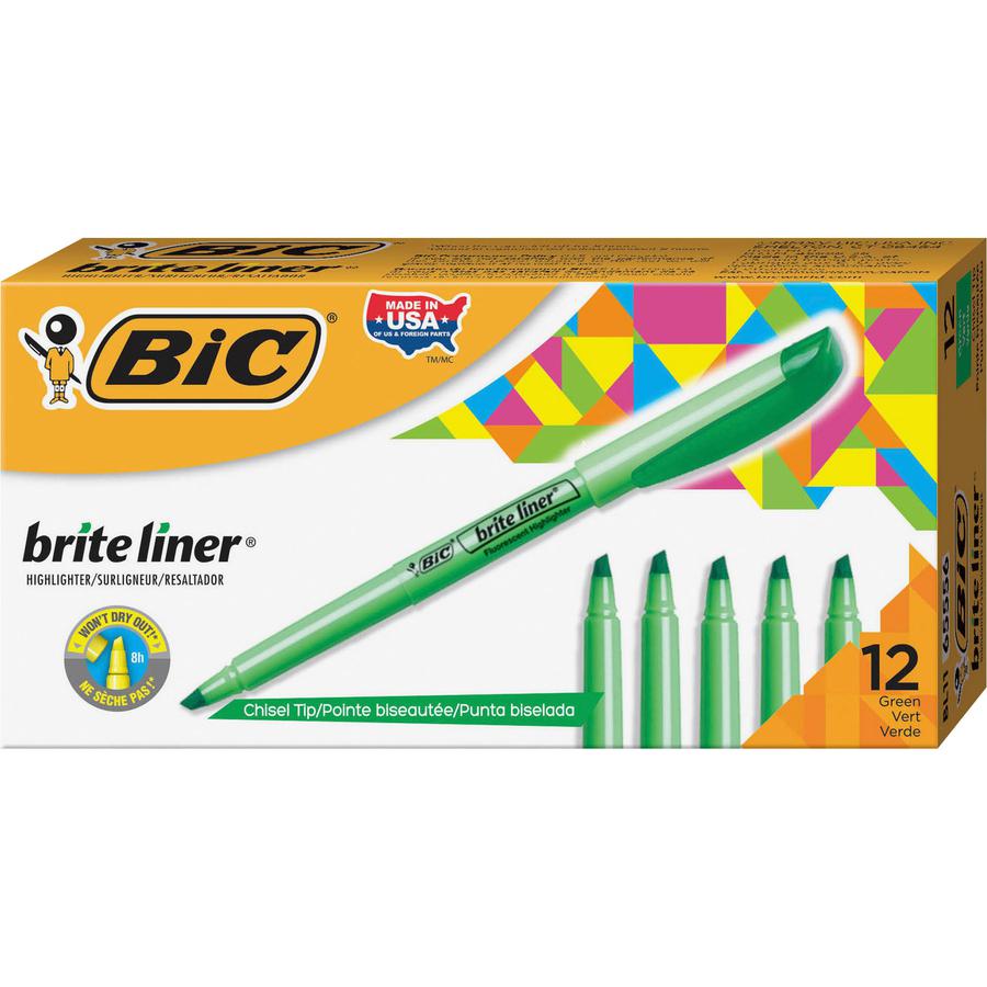 BIC Brite Liner Highlighters - Chisel Marker Point Style - Fluorescent Green Water Based Ink - 1 Dozen. Picture 3