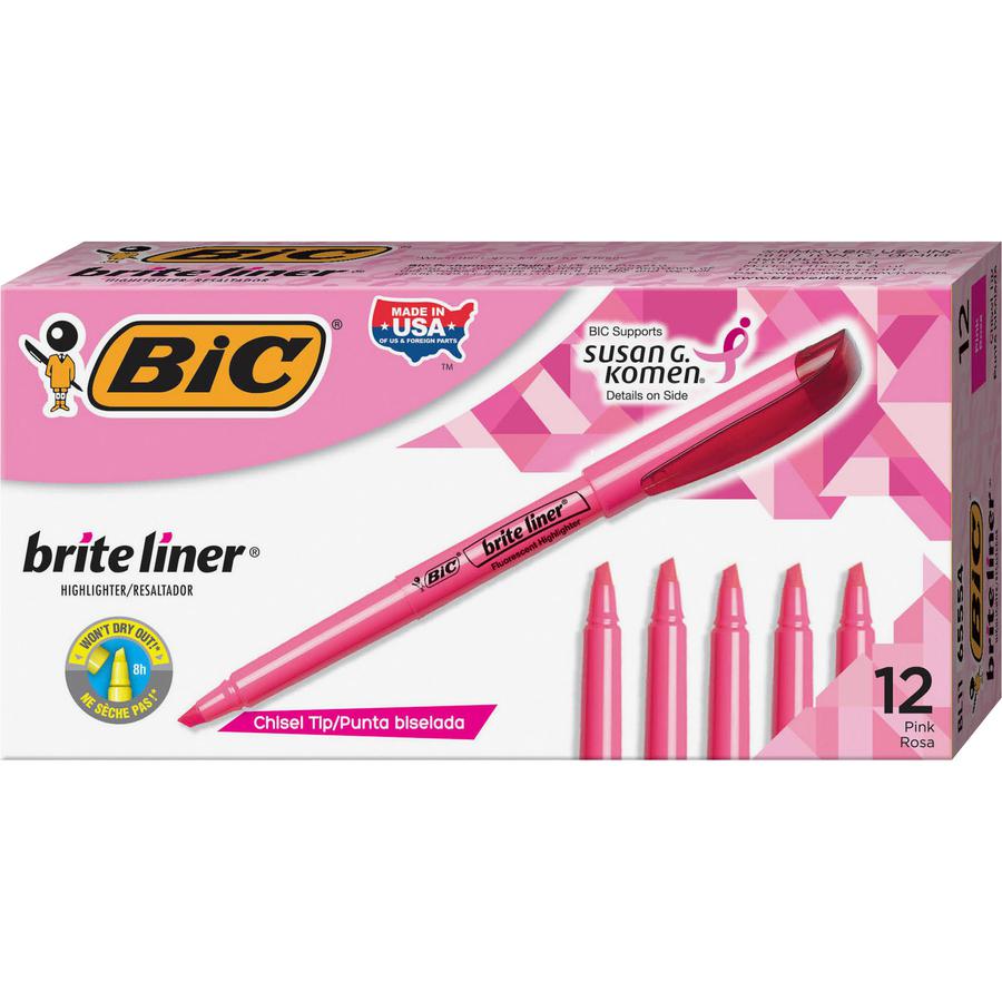 BIC Brite Liner Highlighters - Chisel Marker Point Style - Fluorescent Pink Water Based Ink - 1 Dozen. Picture 2