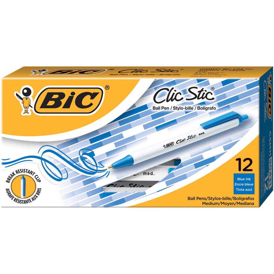 BIC Clic Stic Retractable Ballpoint Pens - Medium Pen Point - Round Pen Point Style - Retractable - Blue - Clear Barrel - 1 Dozen. Picture 6
