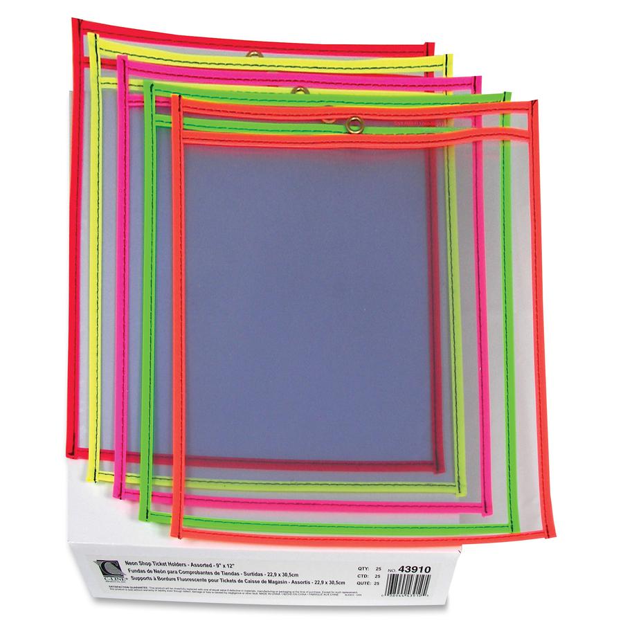 C-Line Neon Shop Ticket Holders, Stitched - Assorted, 5 Colors, Both Sides Clear, 9 x 12, 25/BX, 43910. Picture 3