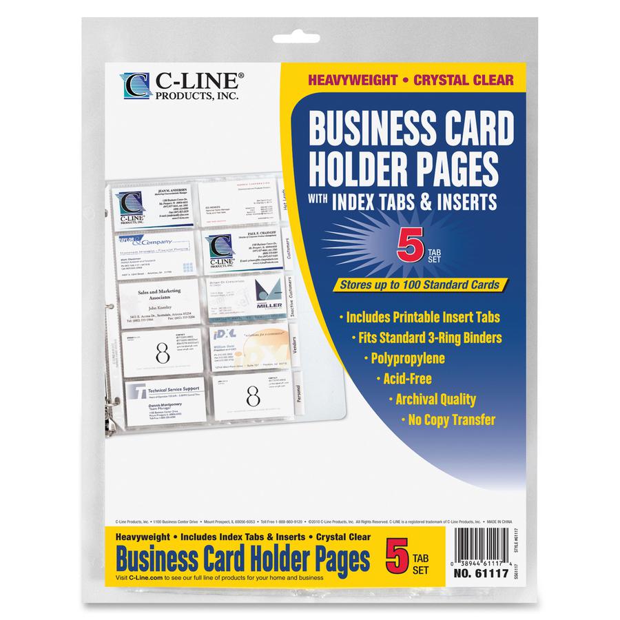 C-Line Business Card Holder Pages with Index Tabs for Ring Binders, Poly - 5-Tab Set, Holds 20 Cards/Page, 3-Hole Punched, 11 x 8-1/2, 5/PK, 61117. Picture 3