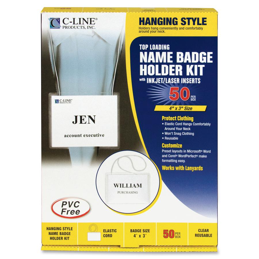 C-Line Hanging Style Name Badge Kit with White Elastic Cord - Sealed Holders with Inserts, 4 x 3, 50/BX, 96043. Picture 3