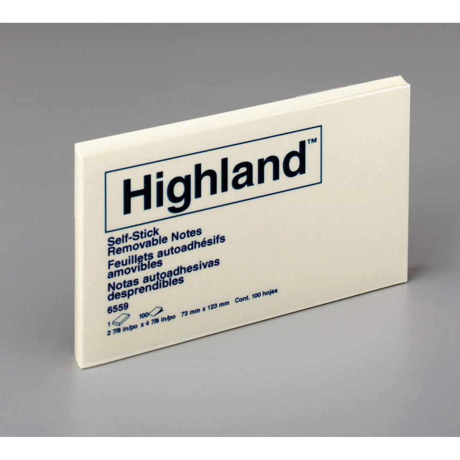 Highland Self-sticking Notepads - 1200 - 3" x 5" - Rectangle - 100 Sheets per Pad - Unruled - Yellow - Paper - Self-adhesive, Repositionable - 12 / Pack. Picture 5