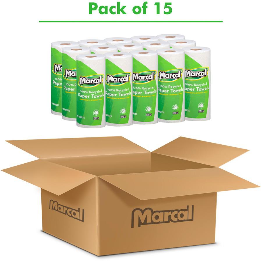 Marcal 100% Recycled, Paper Towels - 2 Ply - 11" x 9" - 60 Sheets/Roll - White - Absorbent - 15 / Carton. Picture 2