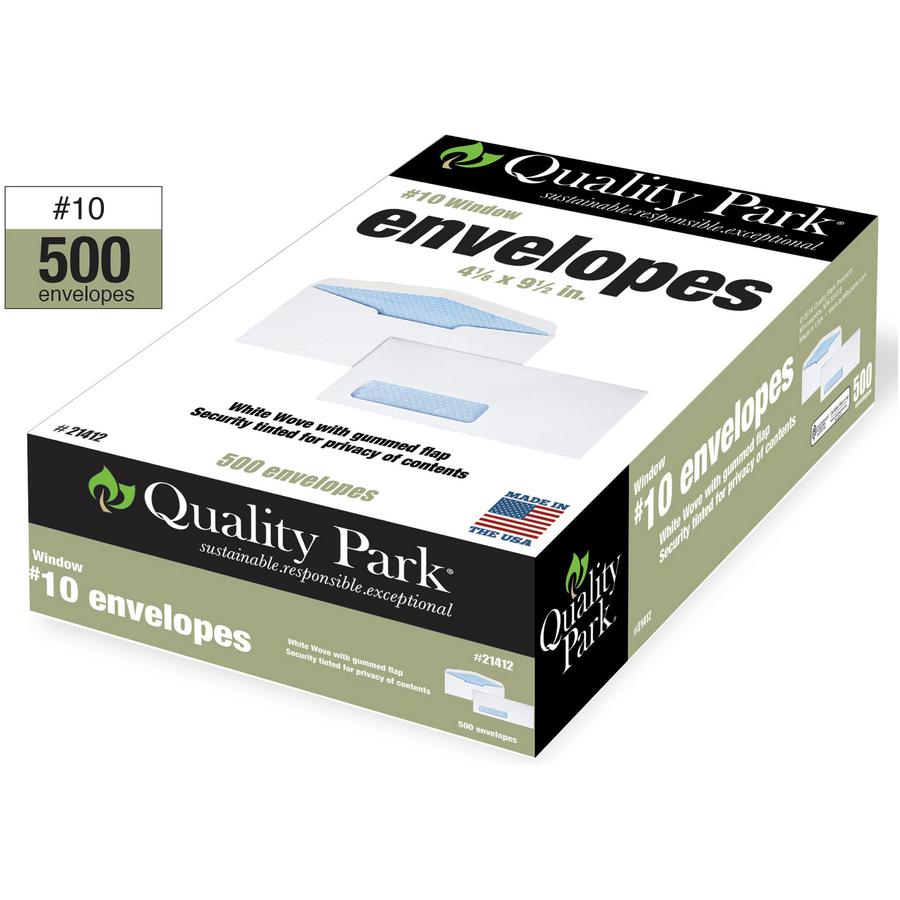 Quality Park No. 10 Single Window Security Tint Envelopes - Single Window - #10 - 4 1/8" Width x 9 1/2" Length - 24 lb - Adhesive - Wove - 500 / Box - White. Picture 6