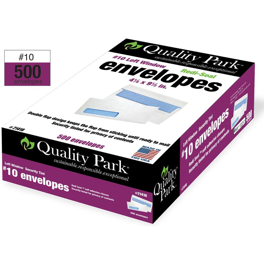 Quality Park No. 10 Single Window Security Tinted Business Envelopes with a Self-Seal Closure - Single Window - #10 - 4 1/8" Width x 9 1/2" Length - 24 lb - Self-sealing - Wove - 500 / Box - White. Picture 8