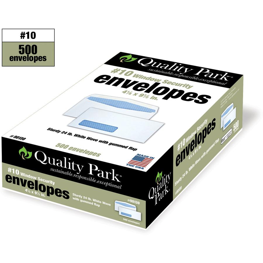 Quality Park No. 10 Single Window Security Tinted Business Envelopes - Single Window - #10 - 4 1/8" Width x 9 1/2" Length - 24 lb - Gummed - Wove - 500 / Box - White. Picture 3