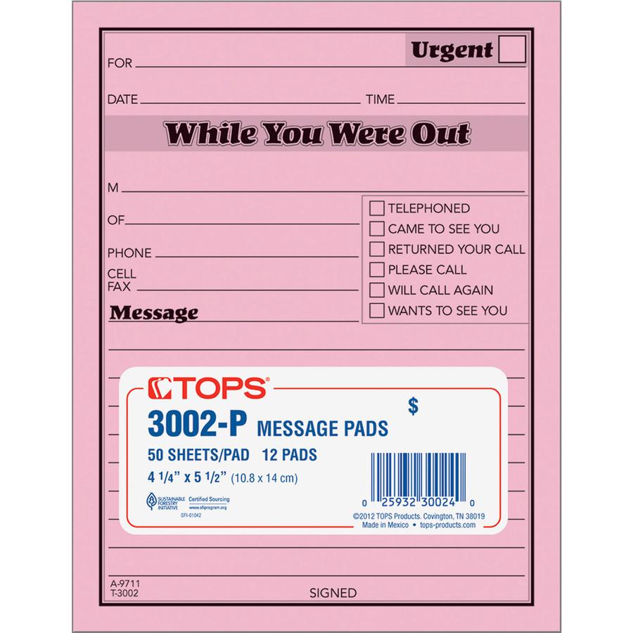 TOPS While You Were Out Message Pads - 50 Sheet(s) - Gummed - 5.50" x 4.25" Sheet Size - Pink - Pink Sheet(s) - Black Print Color - 1 Dozen. Picture 3
