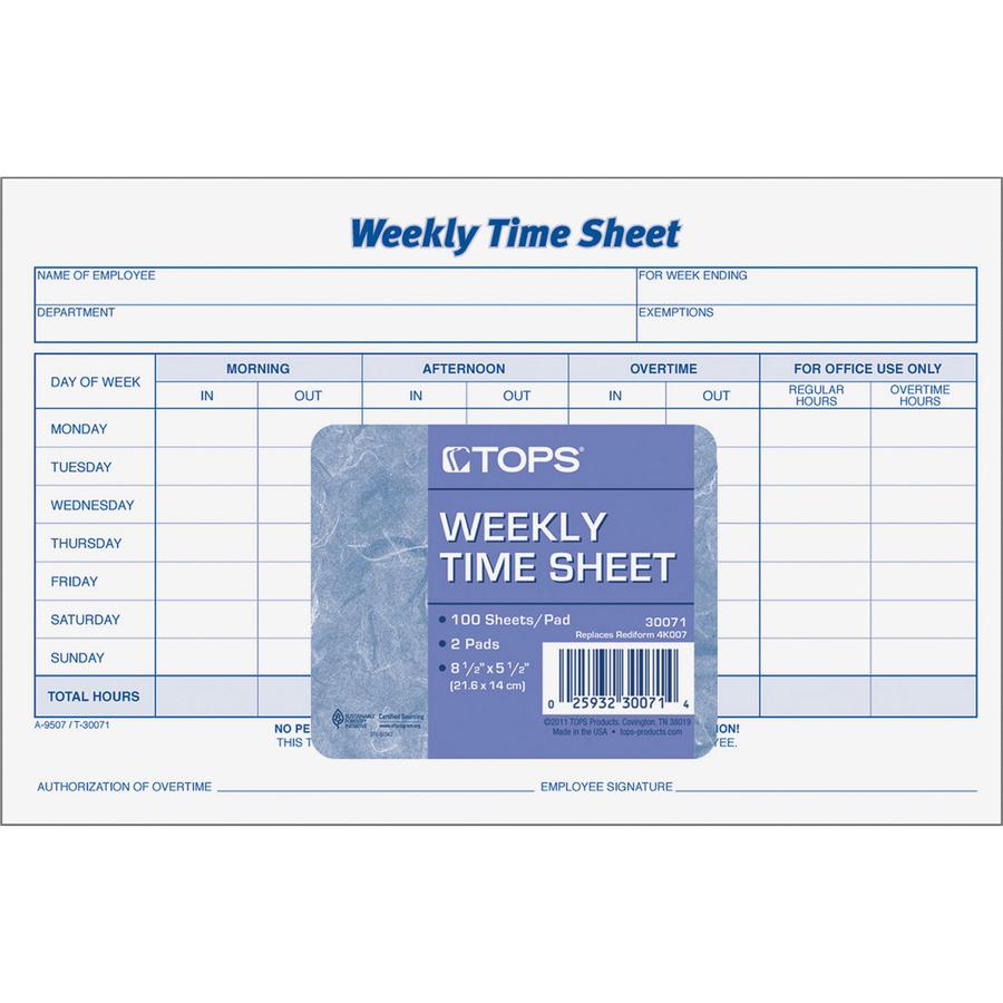 TOPS Weekly Timesheet Form - 100 Sheet(s) - 8.50" x 5.50" Sheet Size - White - White Sheet(s) - Blue Print Color - 2 / Pack. Picture 2