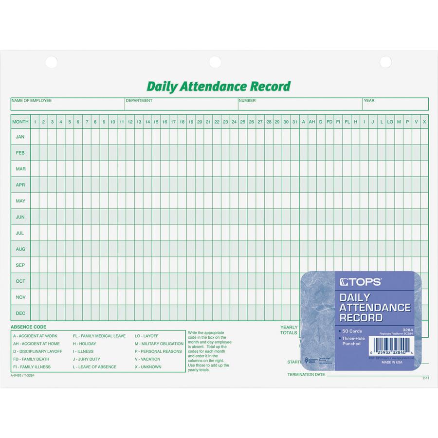 TOPS Daily Employee Attendance Record Form - 50 Sheet(s) - 11" x 8.50" Sheet Size - 3 x Holes - White - White Sheet(s) - Green Print Color - 1 / Pack. Picture 3