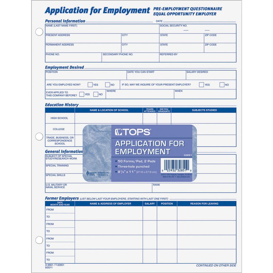 TOPS Employment Application Forms - 50 Sheet(s) - Gummed - 8.50" x 11" Sheet Size - White - White Sheet(s) - Black Print Color - 2 / Pack. Picture 3