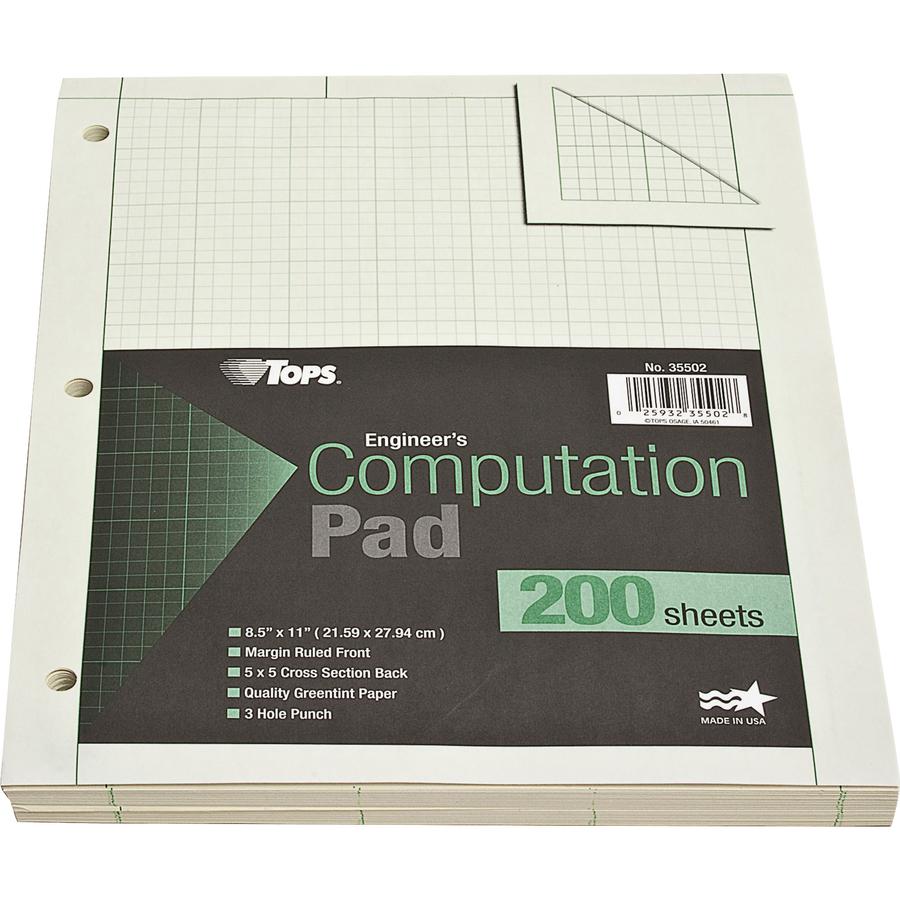 TOPS Engineering Computation Pad - 200 Sheets - Stapled/Glued - Both Side Ruling Surface - Ruled Margin - 15 lb Basis Weight - Letter - 8 1/2" x 11" - Green Paper - 1 / Pad. Picture 2