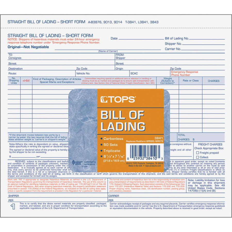 TOPS Bills of Lading Snap-Off Sets - 3 PartCarbonless Copy - 8.50" x 7.44" Sheet Size - White Sheet(s) - Blue, Red Print Color - 50 / Pack. Picture 3