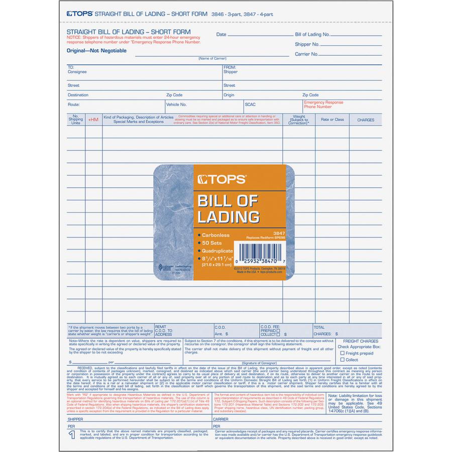 TOPS Bill-of-Lading Snap off 4-part Form Sets - 4 PartCarbonless Copy - 11.44" x 8.50" Sheet Size - White Sheet(s) - Light Blue, Blue, Red Print Color - 50 / Pack. Picture 2