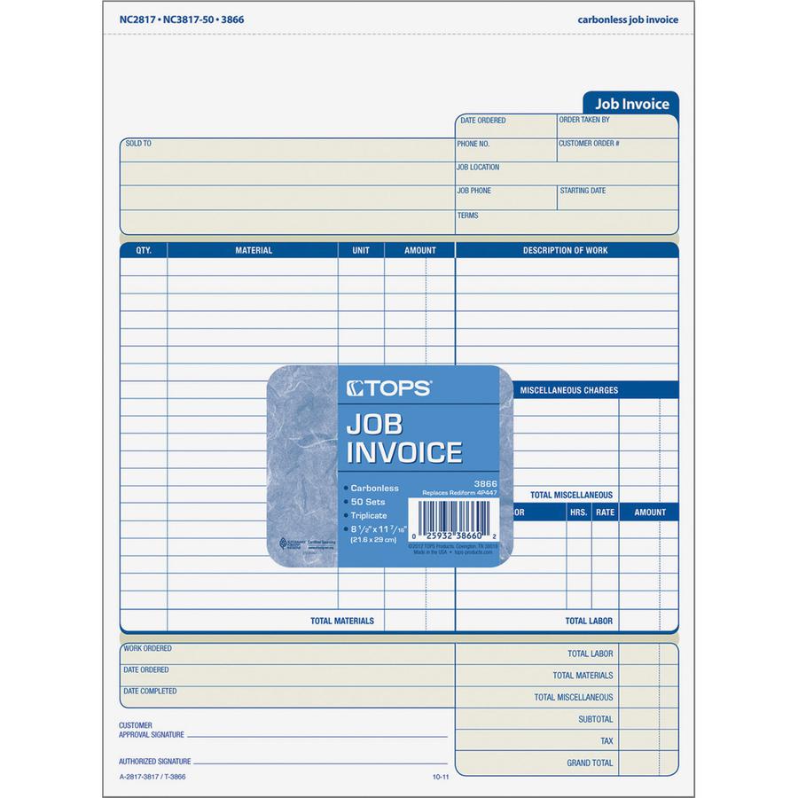 TOPS Three-part Carbonless Job Invoice Forms - 3 PartCarbonless Copy - 8.50" x 11" Sheet Size - White, Canary, Manila - Assorted Sheet(s) - Blue Print Color - 50 / Pack. Picture 3