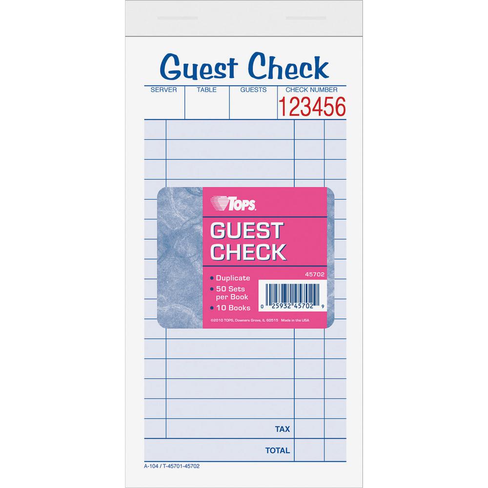 TOPS 2-part Carbonless Guest Check Books - 2 Part - 3.37" x 5.50" Sheet Size - Blue, Green, Red Print Color - 10 / Pack. Picture 3