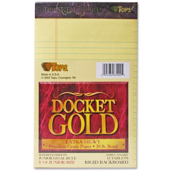 TOPS Docket Gold Jr. Legal Ruled Canary Legal Pads - Jr.Legal - 50 Sheets - 0.28" Ruled - 20 lb Basis Weight - Jr.Legal - 5" x 8" - Canary Paper - Burgundy Binding - Hard Cover, Perforated, Heavyweigh. Picture 2