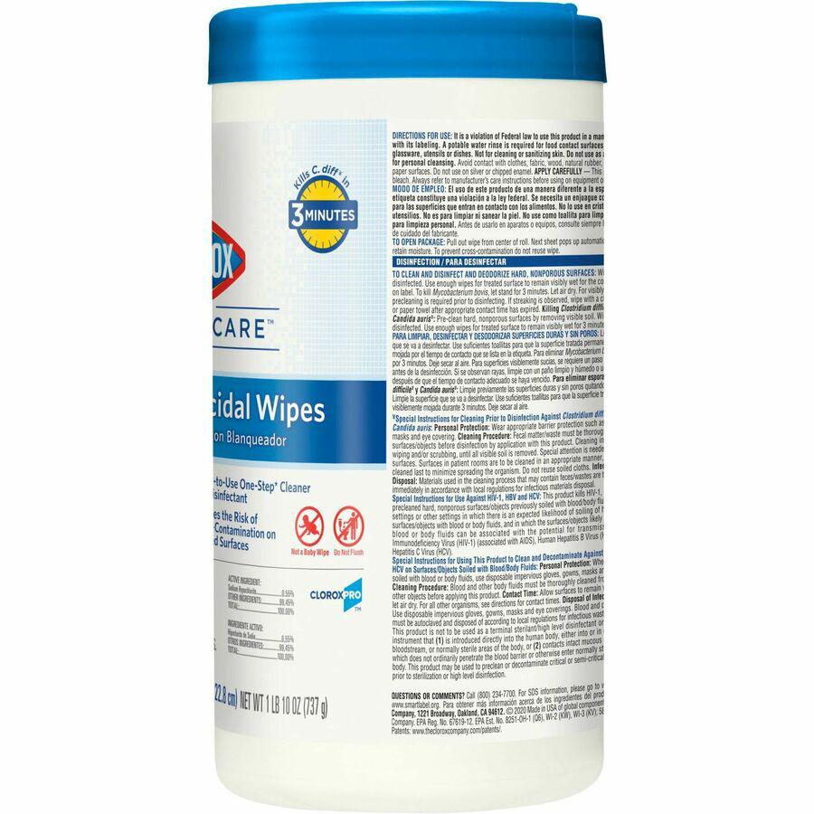 Clorox Healthcare Bleach Germicidal Wipes - Ready-To-Use - 9" Length x 6.75" Width - 70 / Canister - 1 Each - Disinfectant, Antimicrobial, Anti-corrosive, Unscented - White. Picture 6
