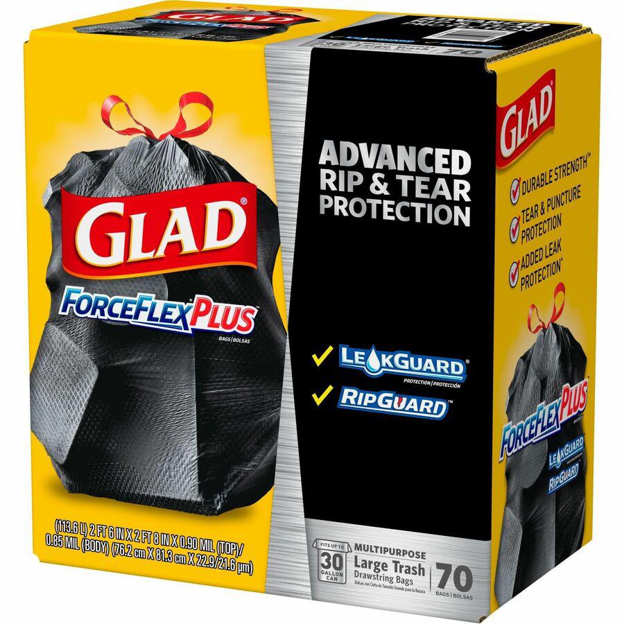 Glad Large Drawstring Trash Bags - ForceFlexPlus - 30 gal Capacity - 30" Width x 32" Length - 1.05 mil (27 Micron) Thickness - Black - 70/Carton - Office Waste. Picture 8