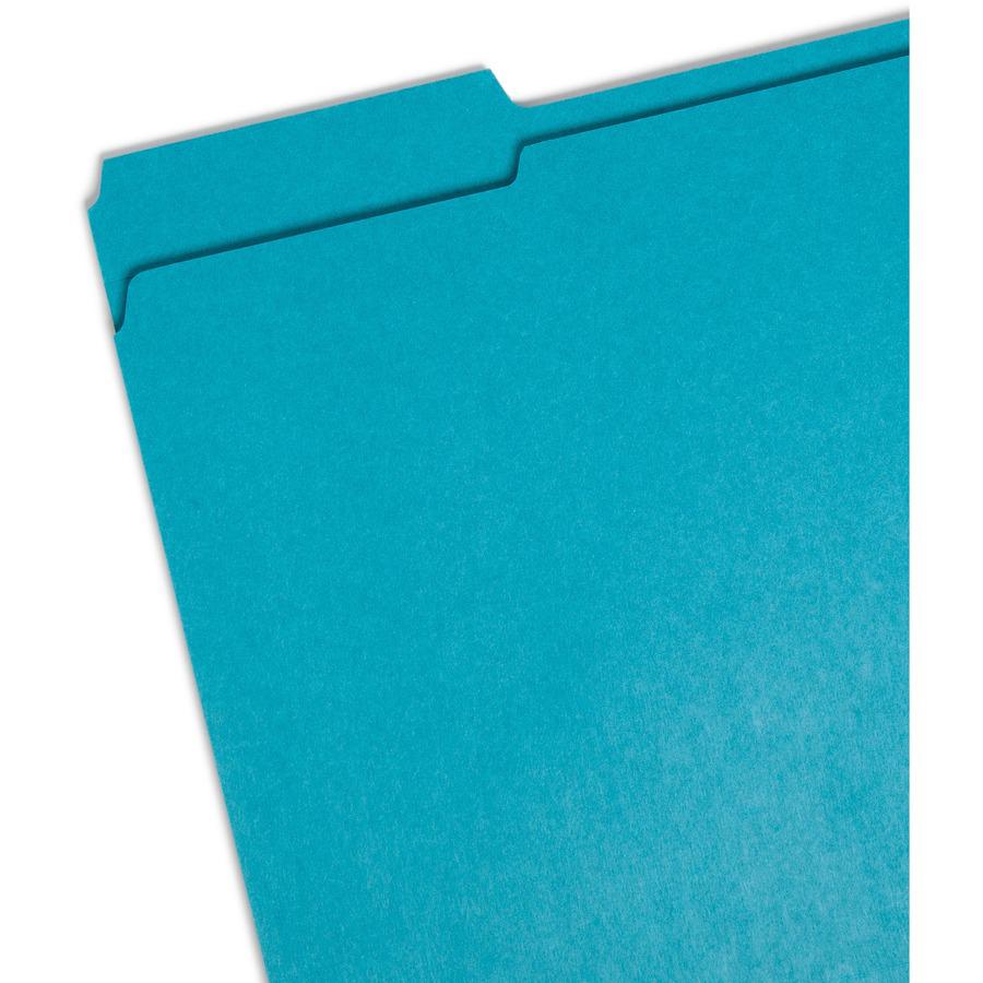 Smead Colored 1/3 Tab Cut Letter Recycled Top Tab File Folder - 8 1/2" x 11" - 3/4" Expansion - Top Tab Location - Assorted Position Tab Position - Teal - 10% Recycled - 100 / Box. Picture 4