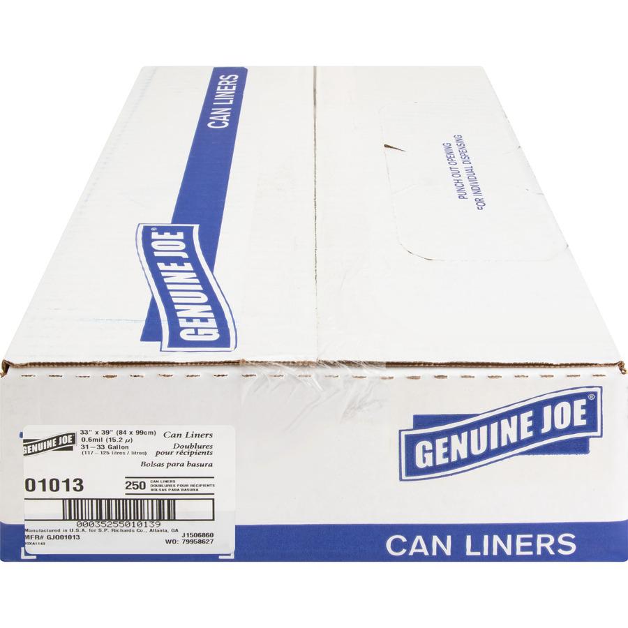 Genuine Joe Clear Trash Can Liners - Medium Size - 33 gal - 33" Width x 39" Length x 0.60 mil (15 Micron) Thickness - Low Density - Clear - 250/Carton. Picture 7