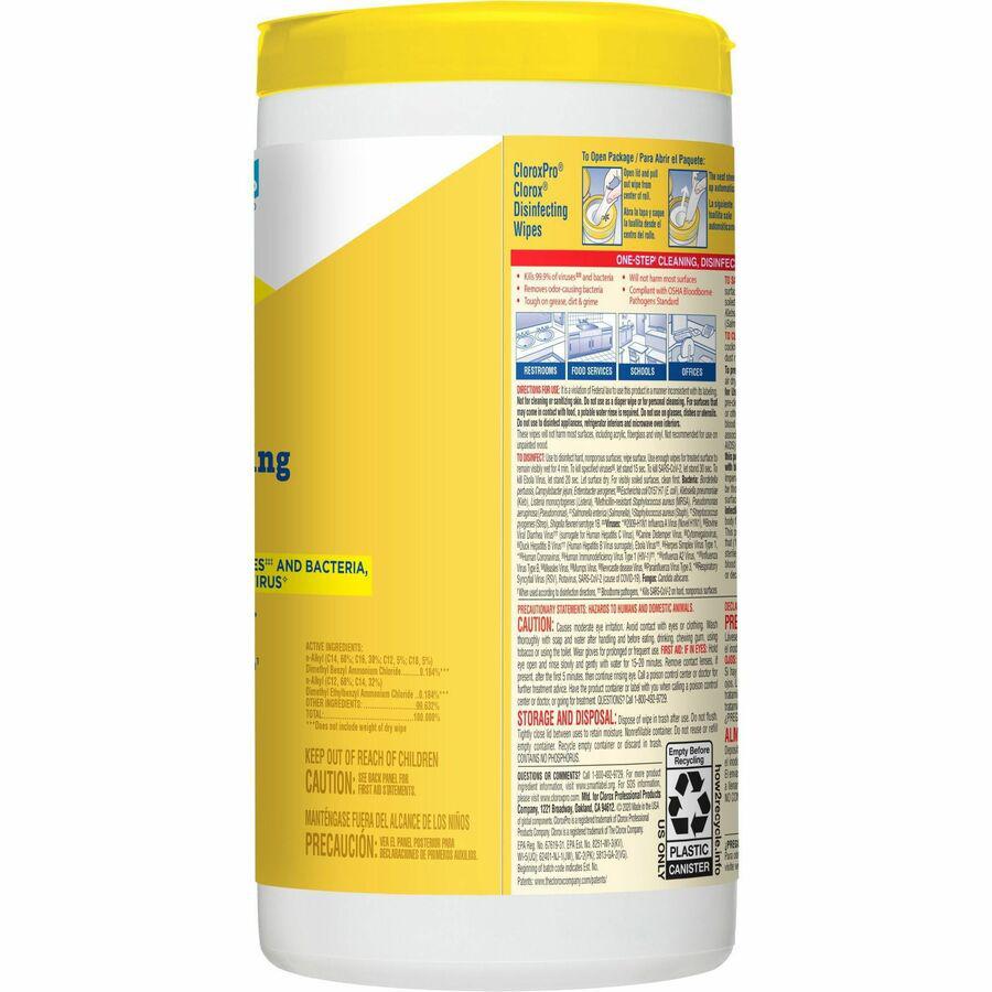 CloroxPro&trade; Disinfecting Wipes - For Multipurpose - Ready-To-Use - Lemon Fresh Scent - 75 / Canister - 6 / Carton - Pleasant Scent, Disinfectant, Pre-moistened, Textured, Streak-free, Bleach-free. Picture 7