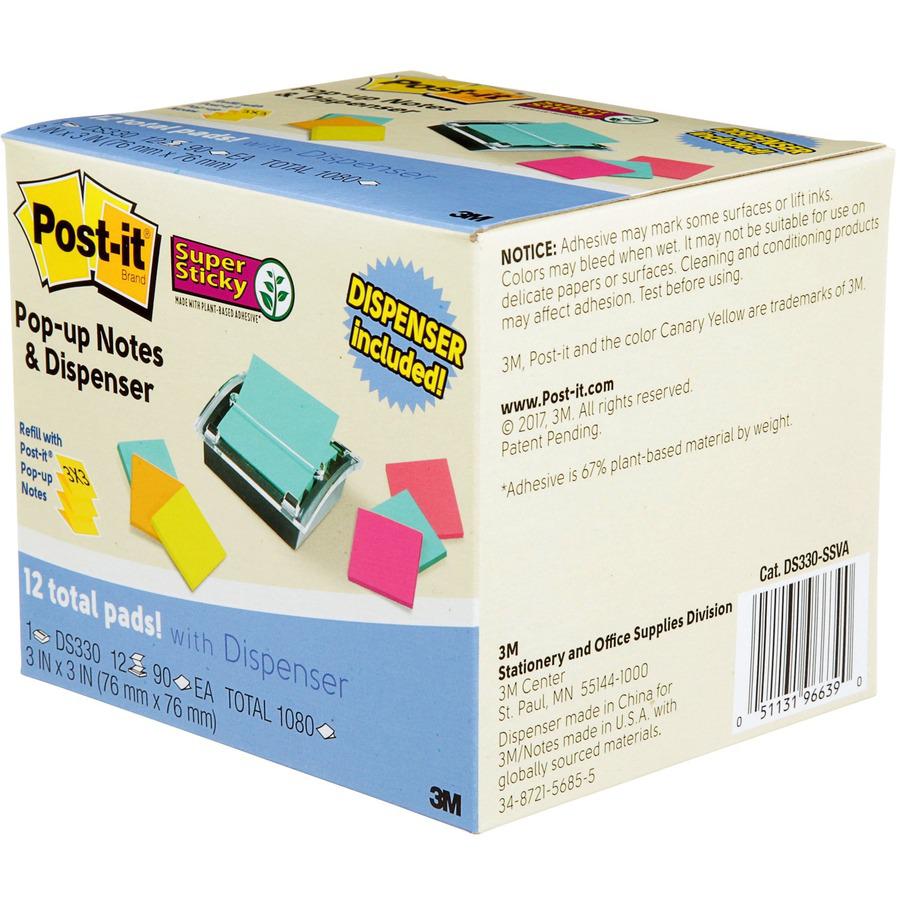 Post-it&reg; Super Sticky Dispenser Notes and Dispenser - 1080 - 3" x 3" - Square - 90 Sheets per Pad - Unruled - Blue, Orange, Green, Pink - Paper - Self-adhesive - 1 / Pack. Picture 6