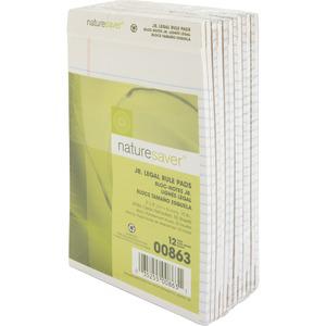 Nature Saver 100% Recycled White Jr. Rule Legal Pads - Jr.Legal - 50 Sheets - 0.28" Ruled - 15 lb Basis Weight - Jr.Legal - 5" x 8" - White Paper - Perforated, Back Board - Recycled - 1 Dozen. Picture 6