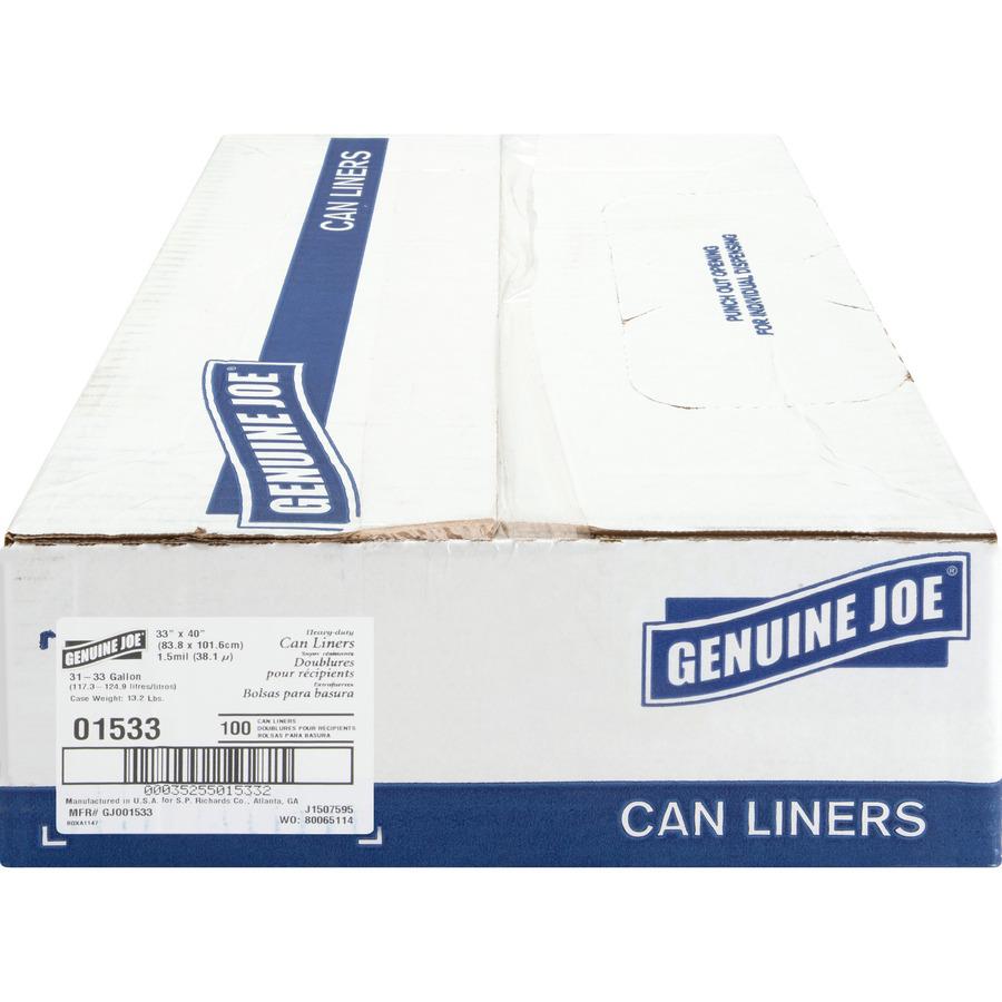 Genuine Joe Heavy-Duty Trash Can Liners - Medium Size - 33 gal Capacity - 33" Width x 40" Length - 1.50 mil (38 Micron) Thickness - Low Density - Black - 100/Carton. Picture 6