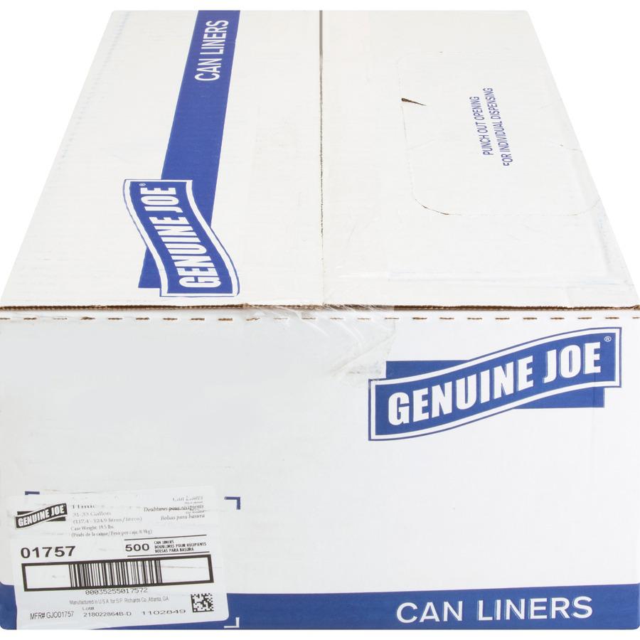 Genuine Joe High-density Can Liners - Medium Size - 33 gal - 33" Width x 40" Length x 0.43 mil (11 Micron) Thickness - High Density - Clear - Resin - 500/Carton - Office Waste, Industrial Trash. Picture 5