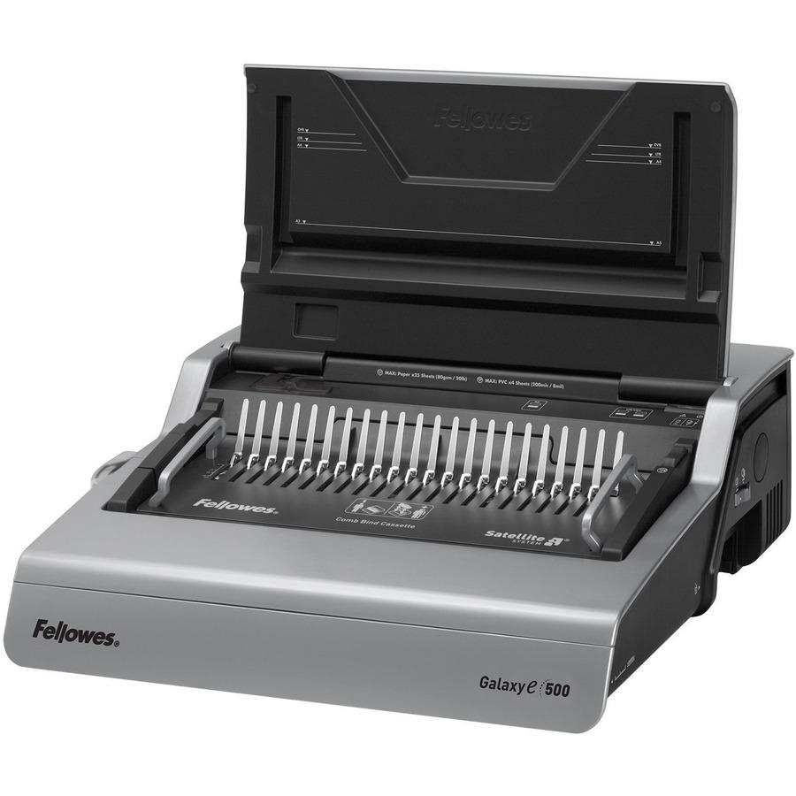 Fellowes Galaxy-E&trade; 500 Electric Comb Binding Machine w/ Starter Kit - CombBind - 500 Sheet(s) Bind - 28 Punch - Letter - 6.5" x 19.6" x 17.8" - Metallic Silver, Black. Picture 10