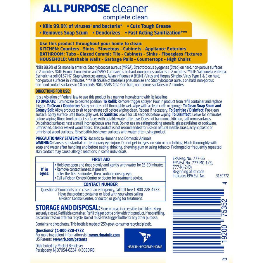 Lysol Lemon All Purpose Cleaner - Ready-To-Use - 32 fl oz (1 quart) - Lemon Breeze Scent - 12 / Carton - Deodorize, Disinfectant - Yellow. Picture 5