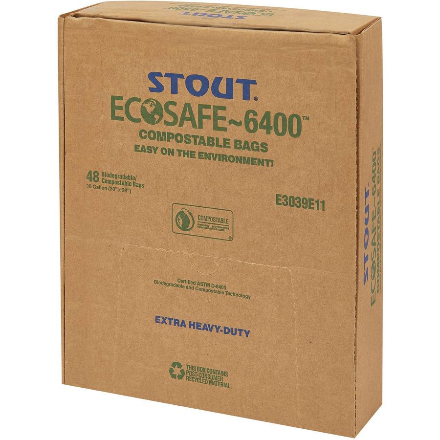 Stout EcoSafe Trash Bags - 30 gal Capacity - 30" Width x 39" Length - 1.10 mil (28 Micron) Thickness - Green - Plastic - 48/Carton. Picture 4