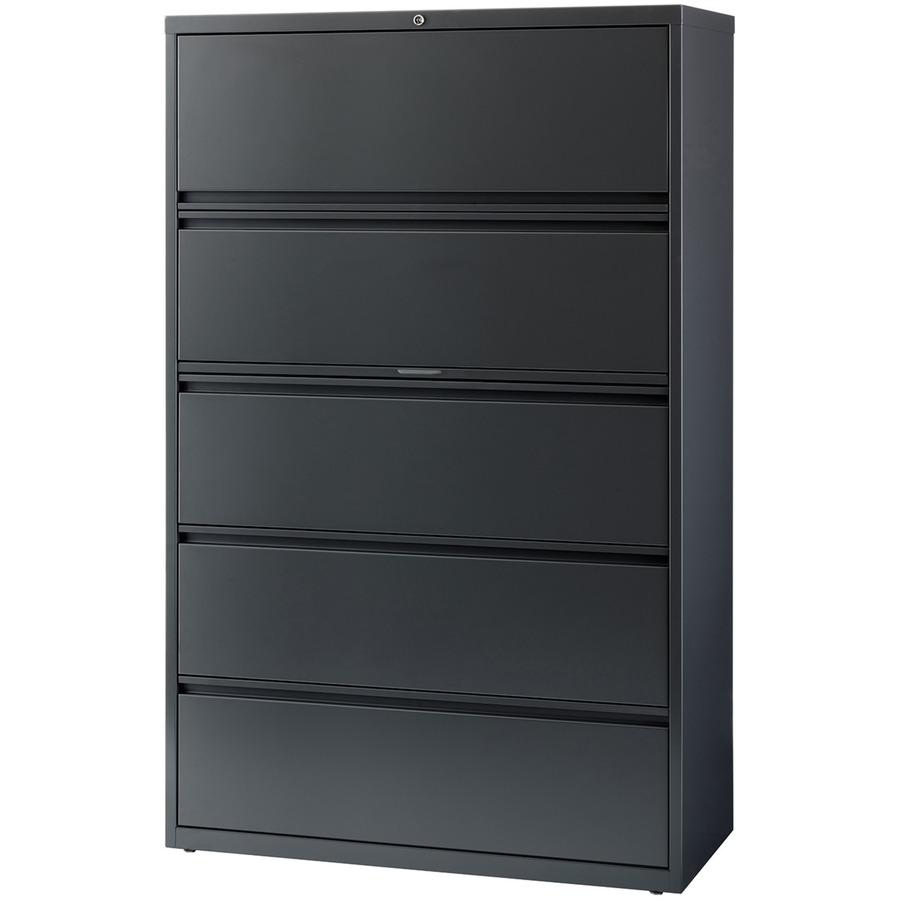 Lorell Lateral File - 5-Drawer - 42" x 18.6" x 67.7" - 5 x Drawer(s) - Legal, Letter, A4 - Lateral - Rust Proof, Leveling Glide, Interlocking - Charcoal - Steel - Recycled. Picture 6
