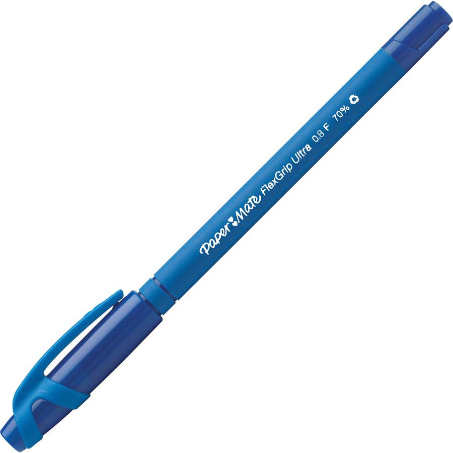 Paper Mate Flexgrip Ultra Recycled Pens - Fine Pen Point - Blue - Blue Rubber Barrel - 1 / Box. Picture 8
