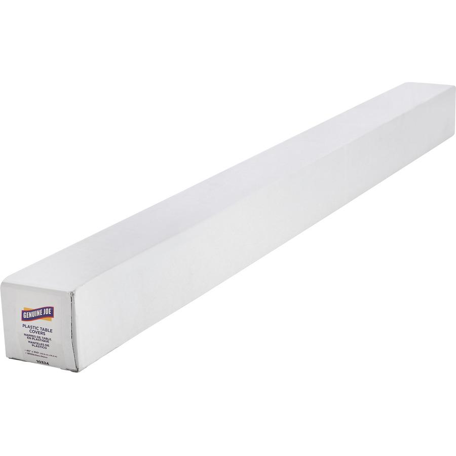 Genuine Joe Banquet-Size Plastic Tablecover - 300 ft Length x 40" Width - Plastic - White - 1 / Roll. Picture 4