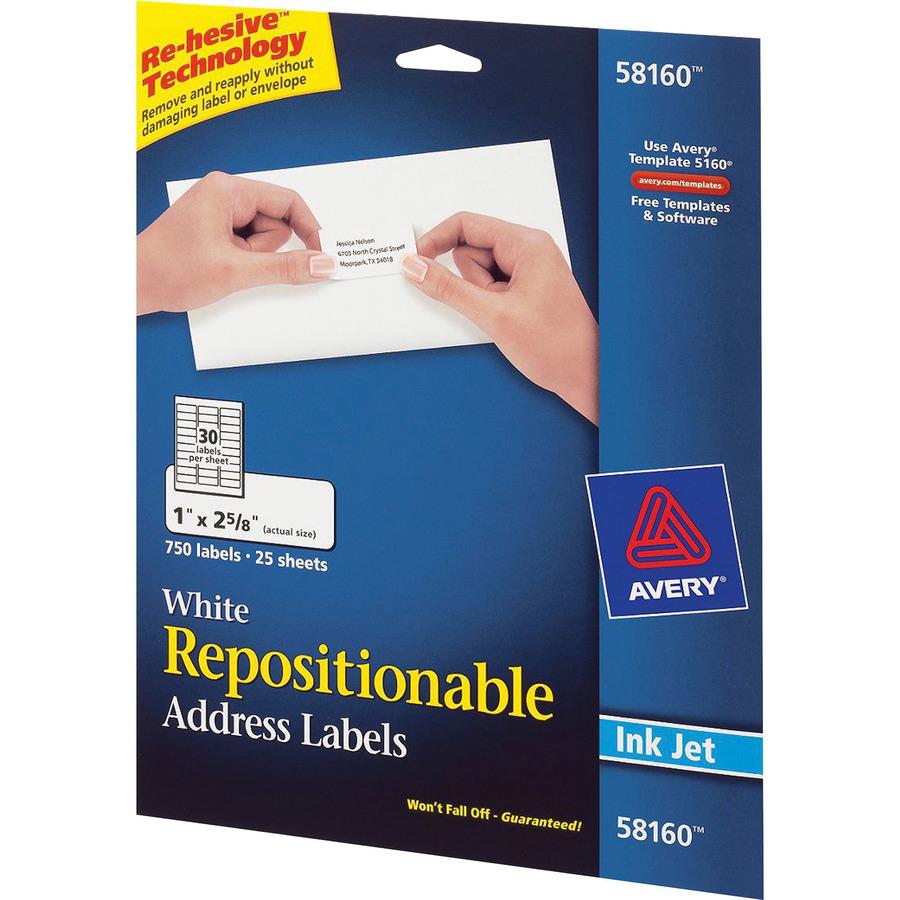 Avery&reg; Repositionable Address Labelss - Sure Feed Technology - 1" Width x 2 5/8" Length - Rectangle - Inkjet - White - Paper - 30 / Sheet - 25 Total Sheets - 750 Total Label(s) - 750 / Pack. Picture 3