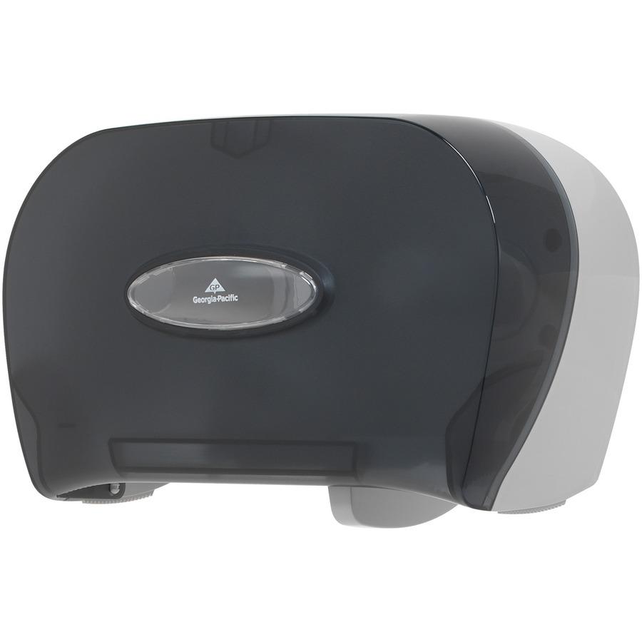 Georgia-Pacific 2-Roll Side-By-Side Standard Roll Toilet Paper Dispenser - Pull Out Dispenser - 2 x Roll - 8.6" Height x 13.6" Width x 5.7" Depth - Smoke Gray - 1 Each. Picture 3