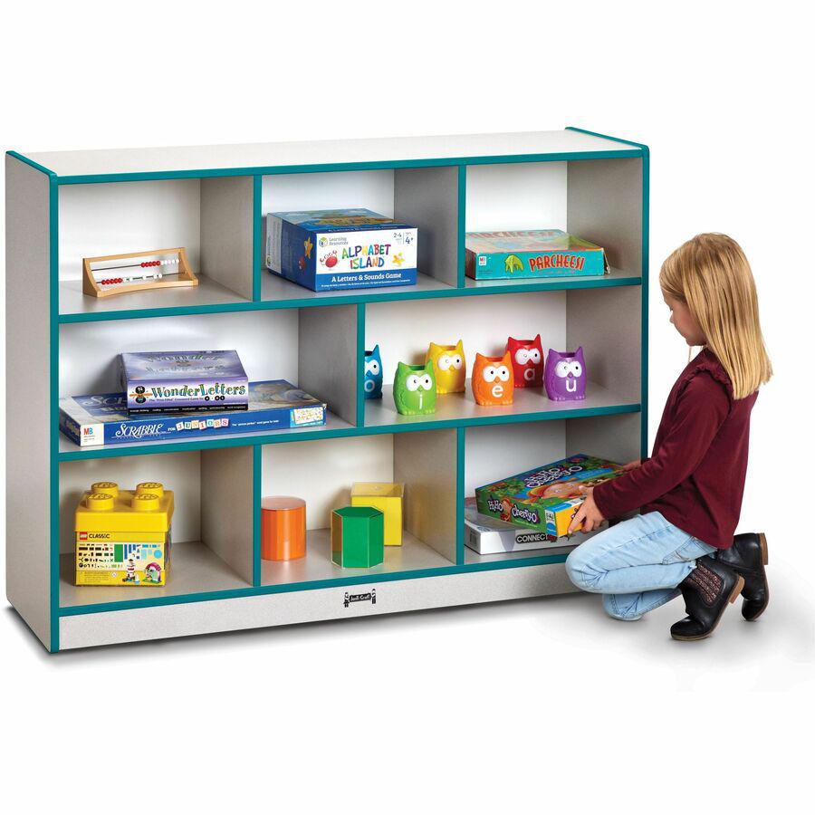 Jonti-Craft Rainbow Accents Super-size Mobile Storage - 35.5" Height x 48" Width x 15" DepthFloor - Laminated, Durable, Kick Plate, Built-in Wheels - Teal - Hard Rubber - 1 Each. Picture 4