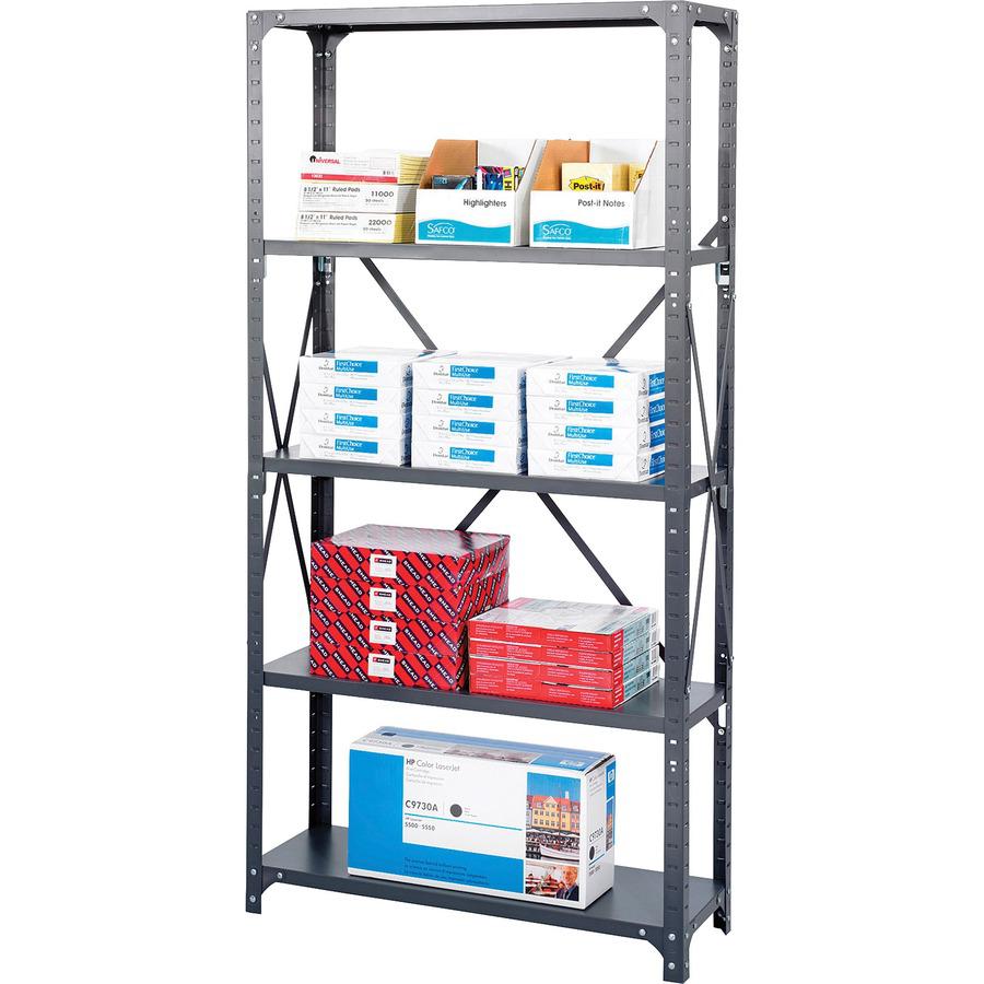 Safco Commercial Shelf Kit - 36" x 18" x 75" - 5 x Shelf(ves) - 3500 lb Load Capacity - Dark Gray - Powder Coated - Steel - Assembly Required. Picture 2