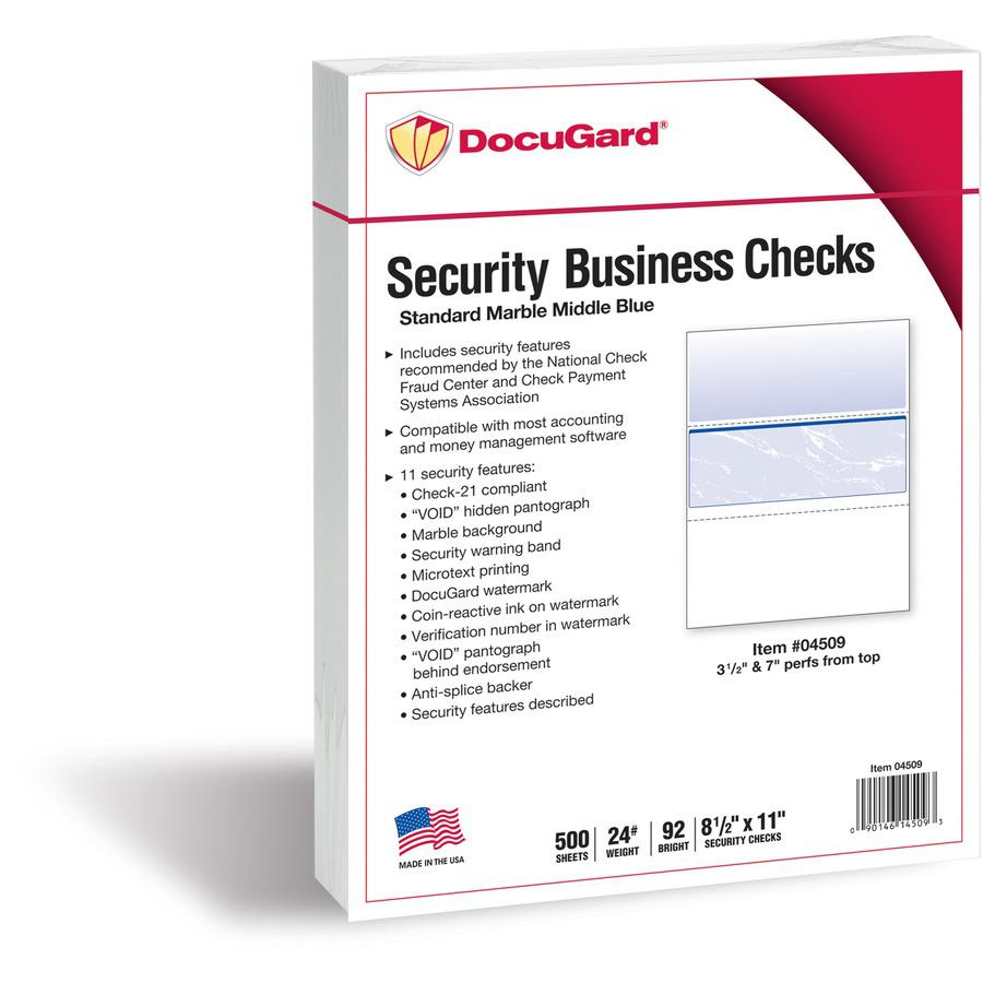 DocuGard Security Blue Marble Business Checks with 11 Features to Prevent Fraud - Letter - 8 1/2" x 11" - 24 lb Basis Weight - Smooth - 500 / Ream - Watermarked, Pantograph, Coin-reactive Ink, Microte. Picture 3