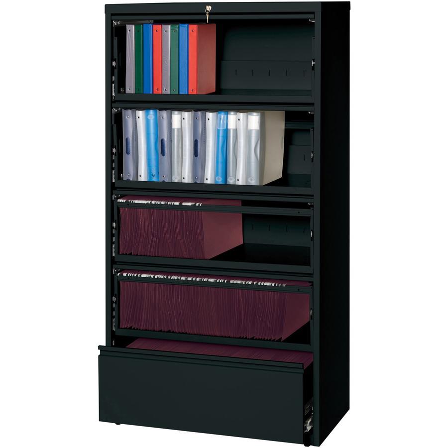Lorell Fortress Lateral File with Roll-Out Shelf - 36" x 18.6" x 69" - 5 x Drawer(s) for File - Legal, Letter, A4 - Leveling Glide, Ball-bearing Suspension, Interlocking, Heavy Duty, Recessed Handle -. Picture 3